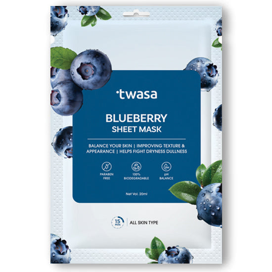 Twasa Blueberry Sheet Mask for Reduce Dark Circles, Boost Collagen Production and Enhance Skin Radiance | Face Sheet Mask for Glowing & Hydrating Skin, 20ml