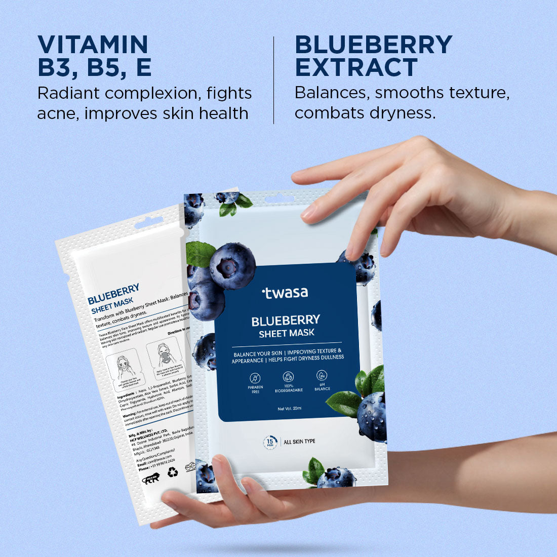 Our Twasa Blueberry Sheet Mask is infused with powerful blueberry extract to boost collagen production and enhance skin radiance. This face sheet mask provides a luminous glow while nourishing your skin deeply.