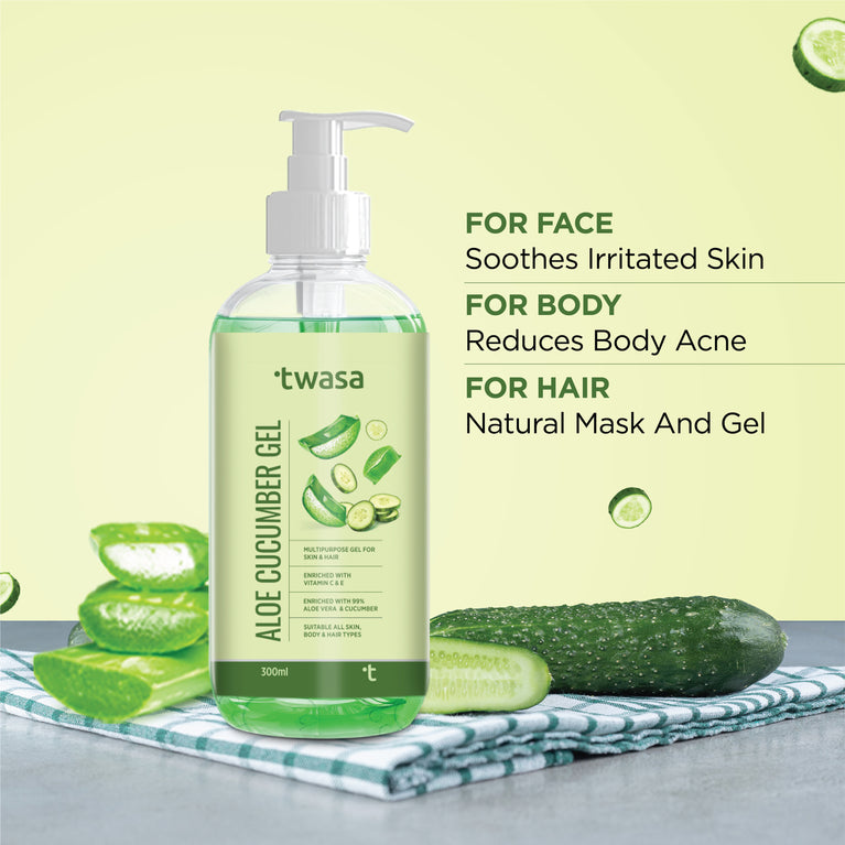 Aloe vera and cucumber gel providing a cooling and refreshing sensation for the skin.