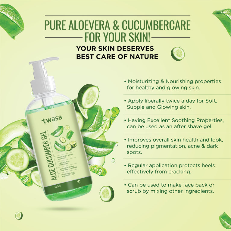 Aloe vera and cucumber gel for hydrating and soothing skin, perfect for reducing redness.