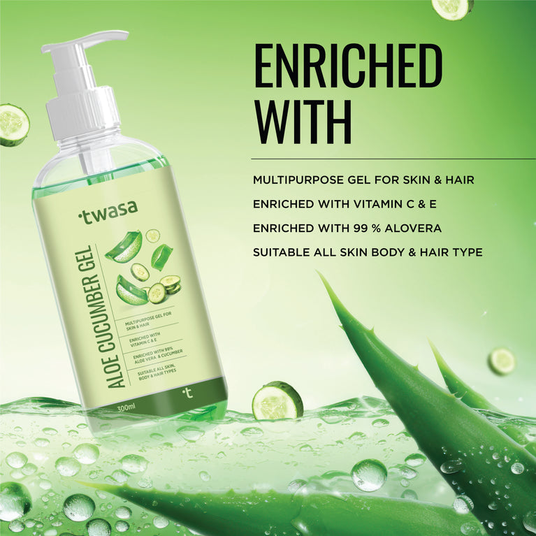 Aloe vera and cucumber gel with fresh aloe leaves and cucumber slices, featuring natural skincare ingredients.